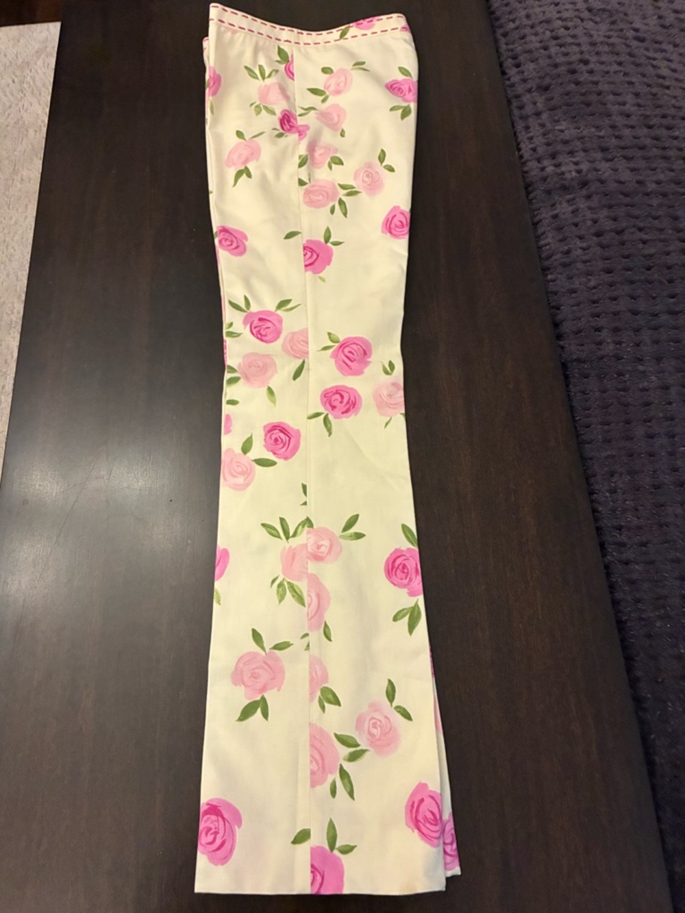 Moschino Cream Floral Boot Cut Pants with Pink Roses